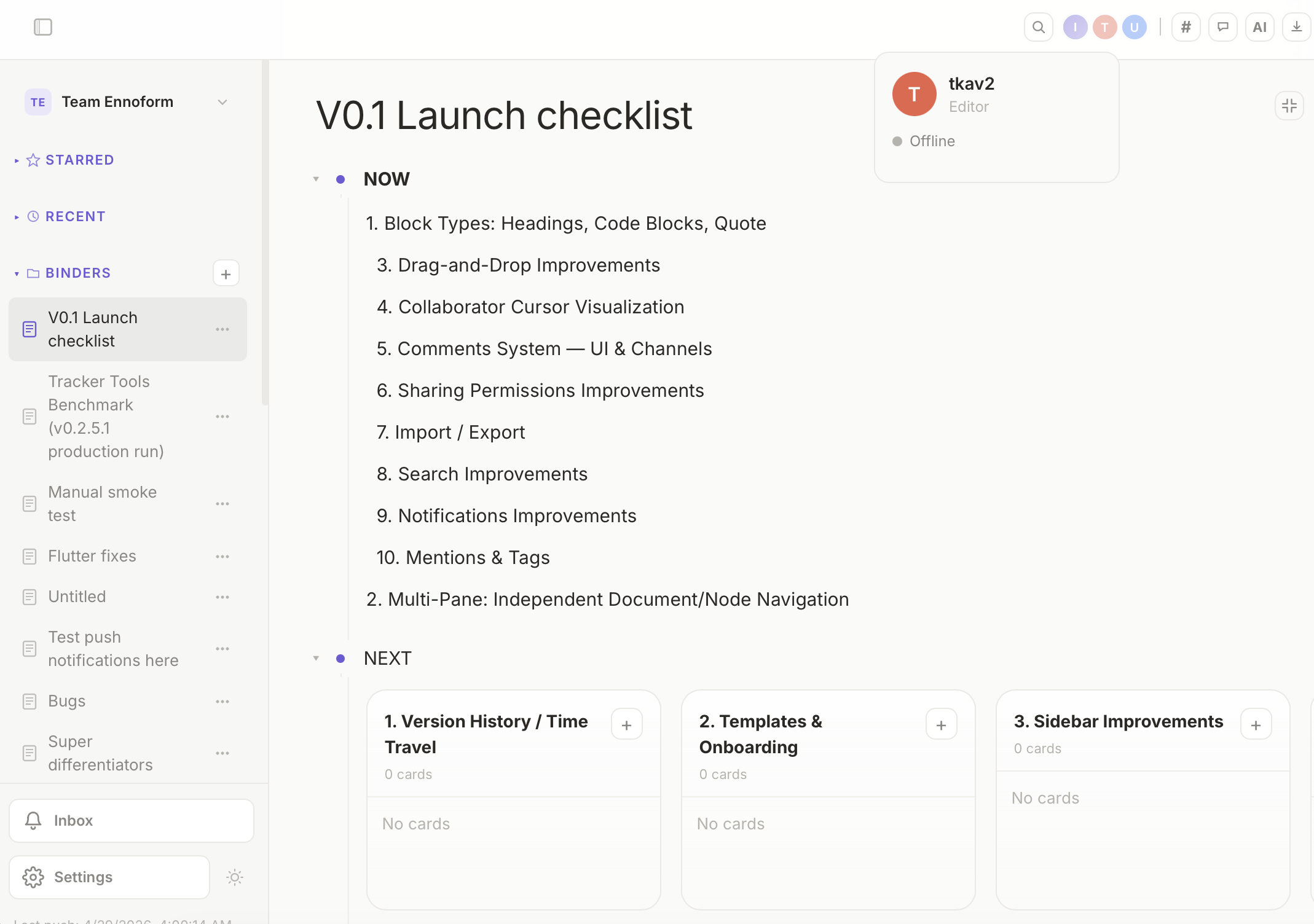 Ennoform showing a V0.1 launch checklist with a sidebar, outline sections, and board cards.